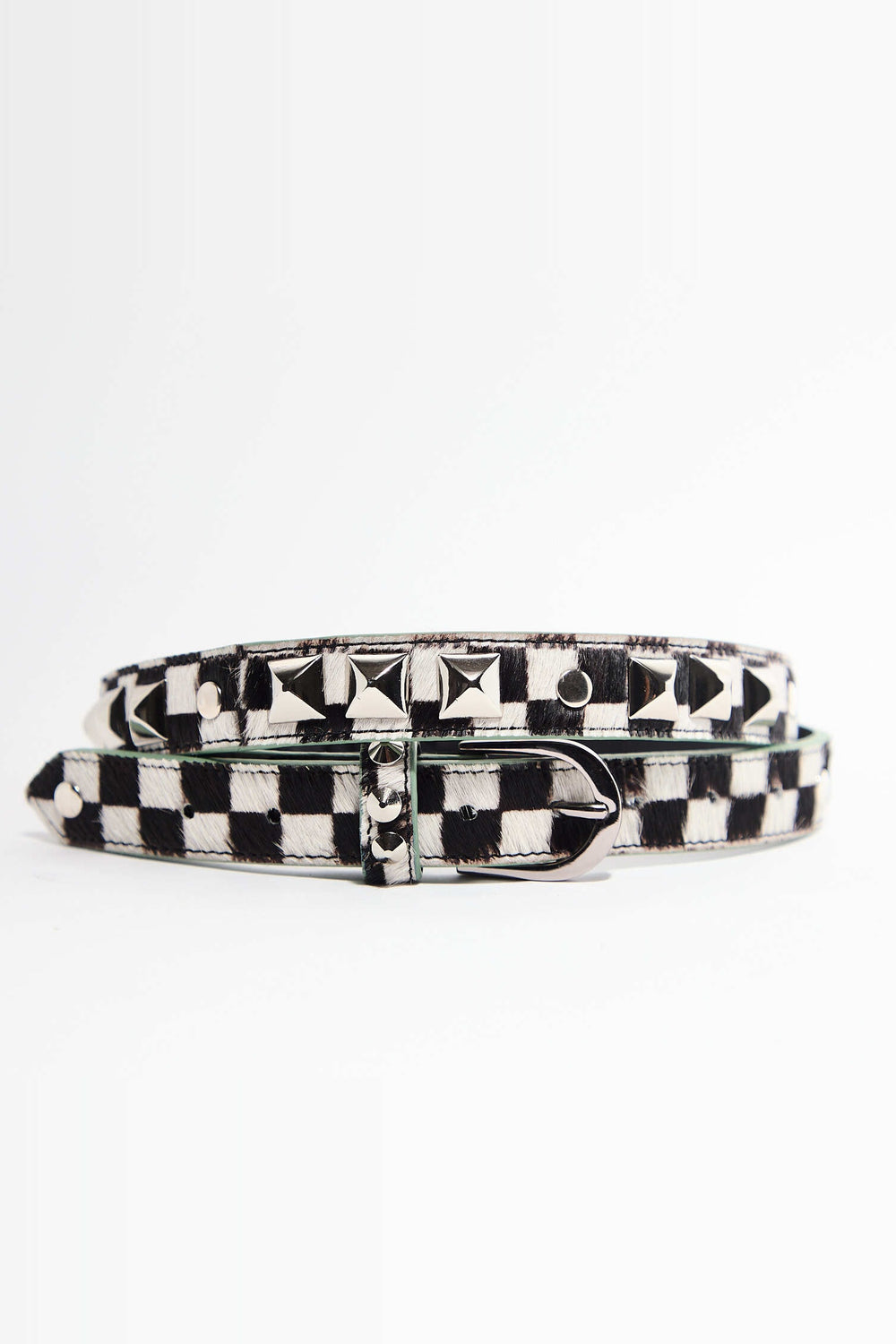 CHECKERBOARD STUDDED BRIDLE LEATHER BELT — TEAL