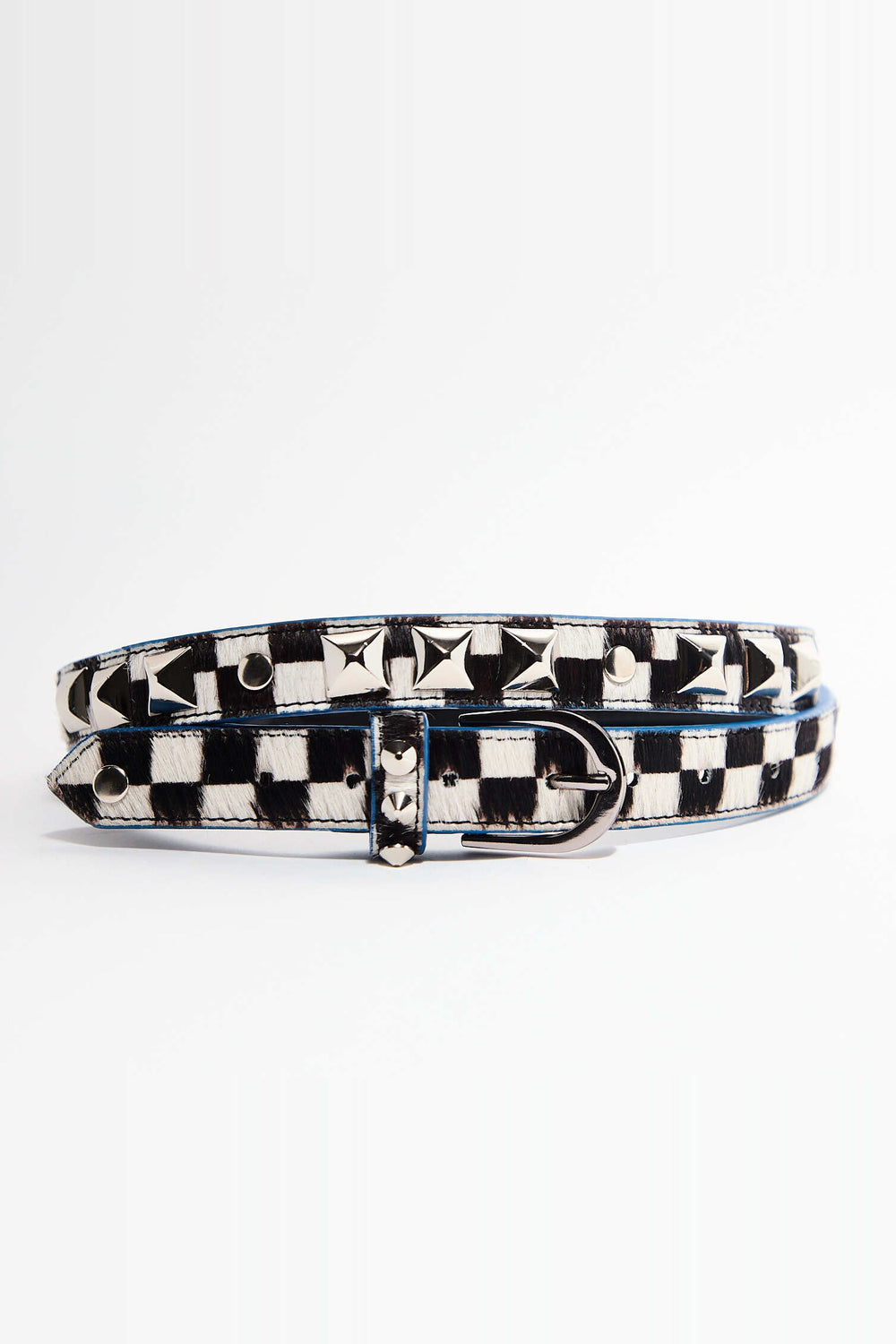 CHECKERBOARD STUDDED BRIDLE LEATHER BELT — BLUE