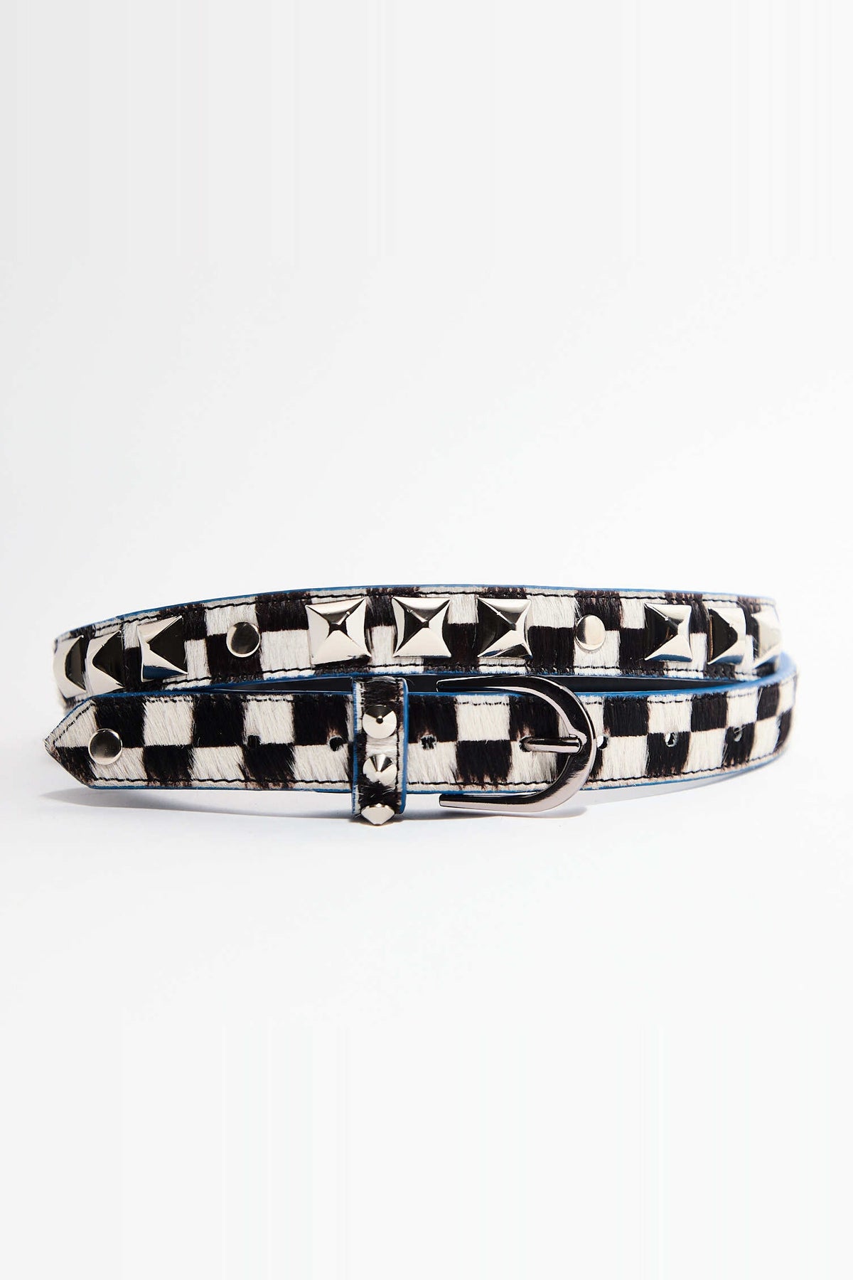 CHECKERBOARD STUDDED BRIDLE LEATHER BELT — BLUE