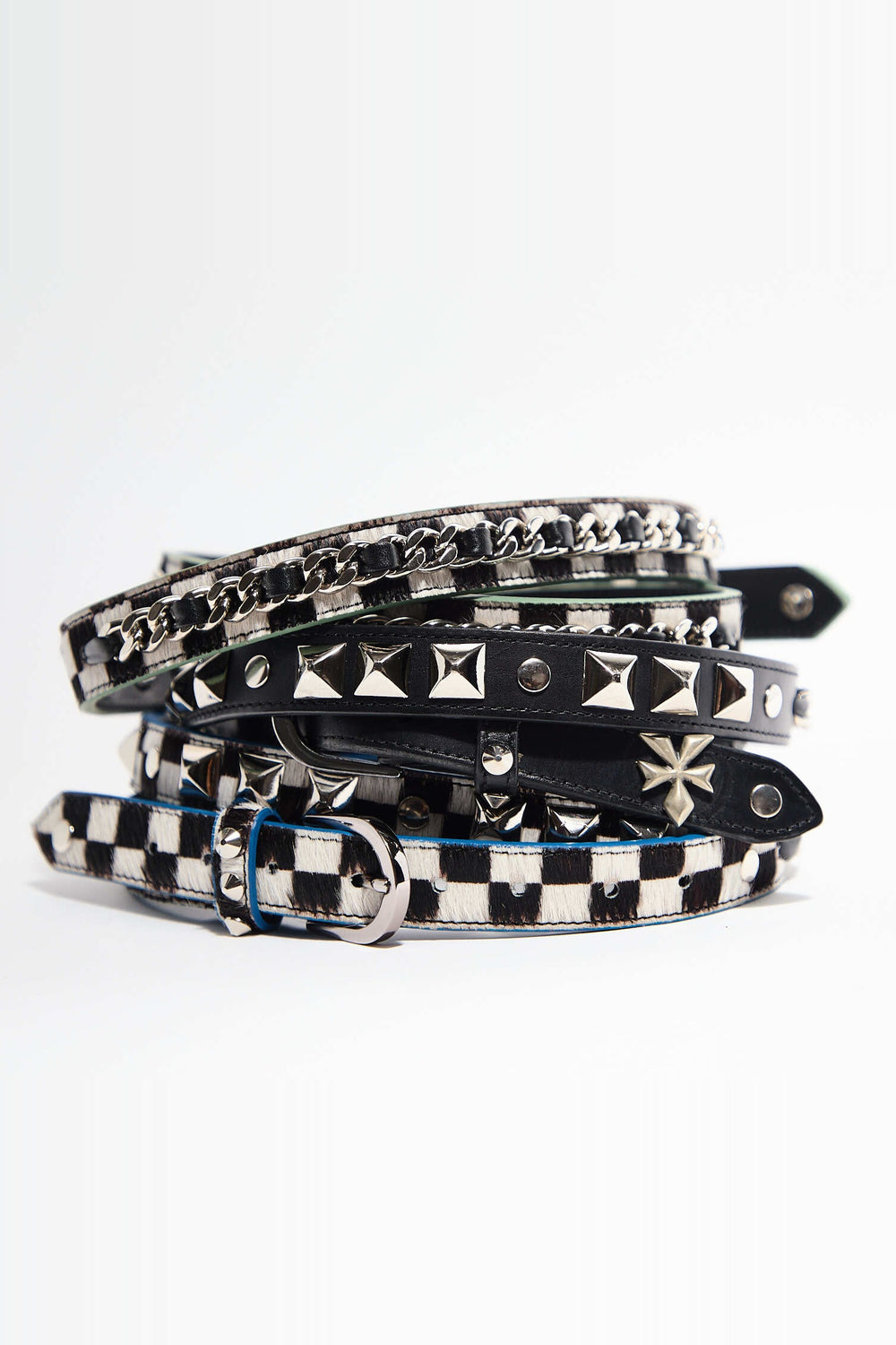 CHECKERBOARD STUDDED BRIDLE LEATHER BELT — BLUE