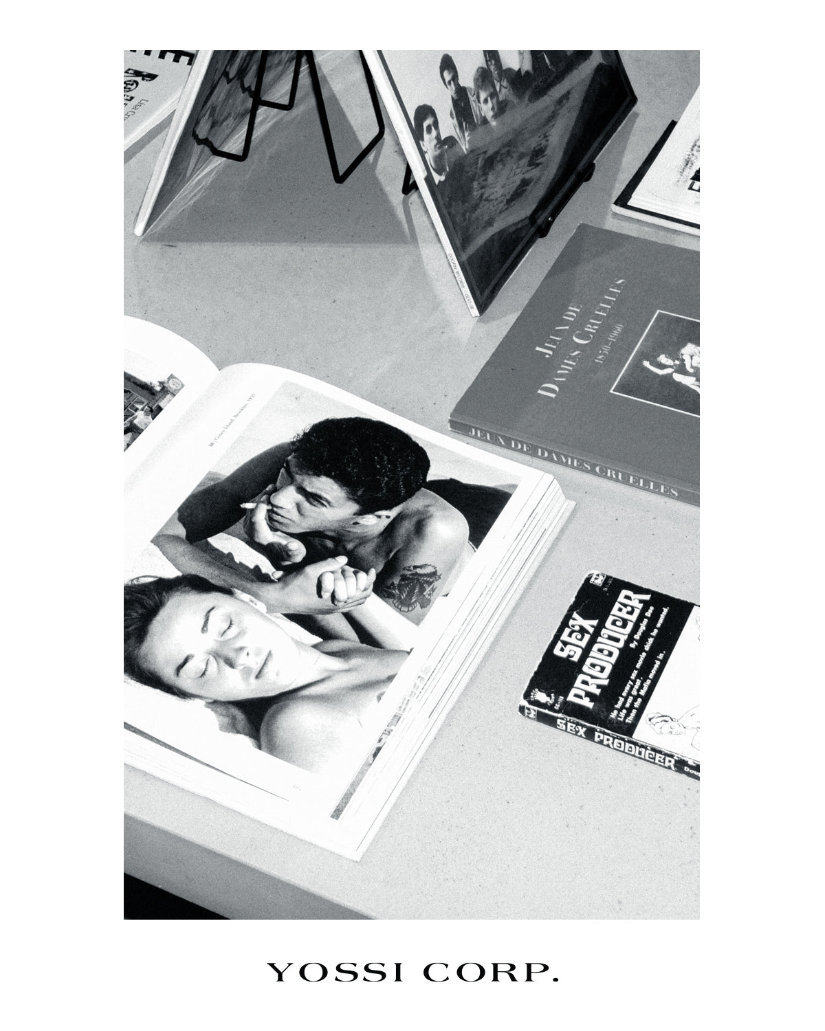 Black-and-white detail of the art book display
